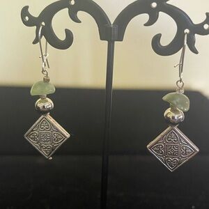 Artisan Silver and Green Jade Geometric Earrings